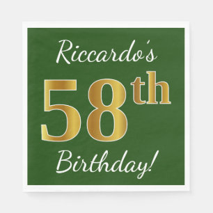 Serviette En Papier Vert, Faux Or 58e Anniversaire + Nom Personnalisé