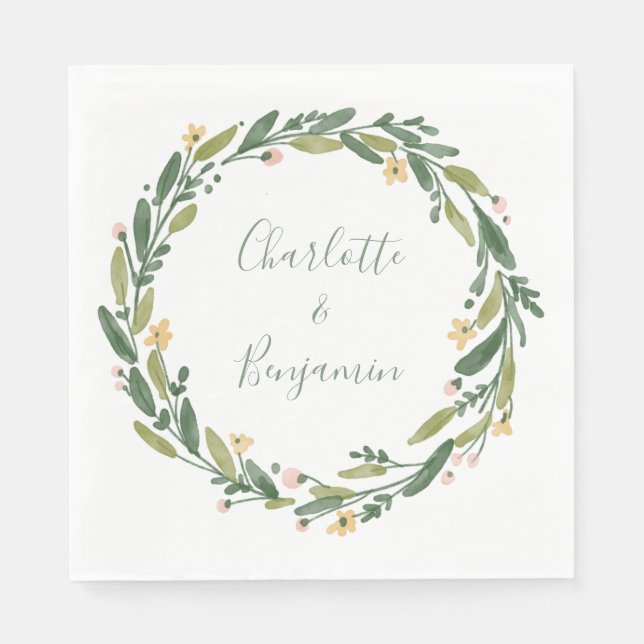 Serviette En Papier Vert Floral Aquarelle Verdure Mariage personnalisé (Devant)