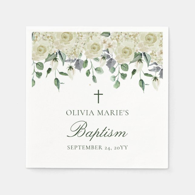 Serviette En Papier Vert Floral Blanc Simple Baptême Moderne (Devant)
