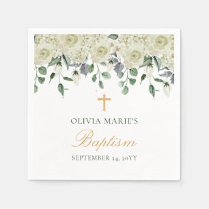 Serviette En Papier Vert Floral Blanc Simple Baptême Moderne