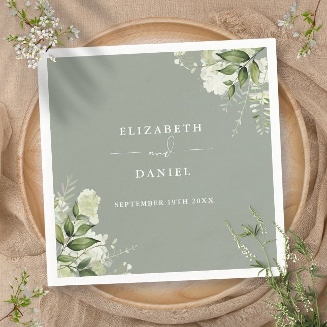 Serviette En Papier Vert Floral Élégant Sage Vert Mariage (Greenery Floral Elegant Sage Green Wedding Napkins)