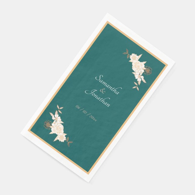 Serviette En Papier Vert foncé avec Mariage Rose crème (Coin)