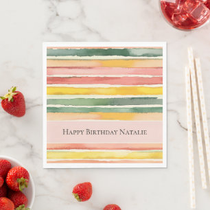 Serviette En Papier Vert Jaune Rouge Rose Rayures Joyeux Anniversaire