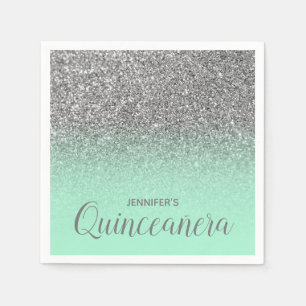 Serviette En Papier Vert Menthe et Paillettes Argent Ombré Quinceanera
