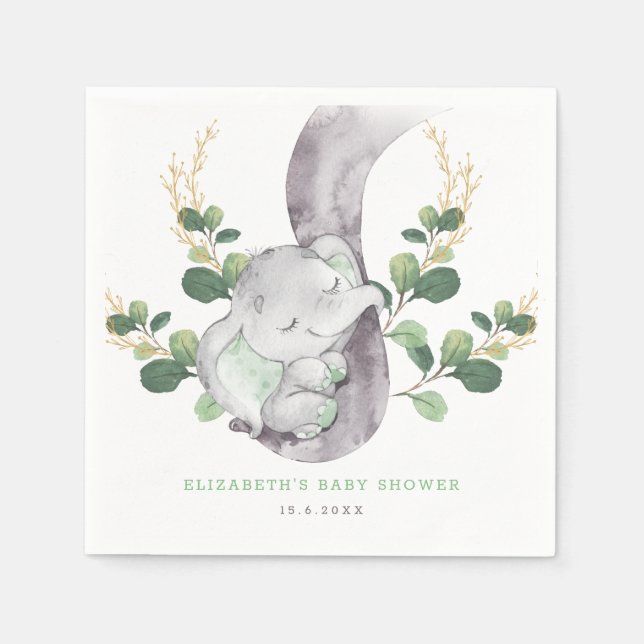 Serviette En Papier Vert moderne Baby Elephant Green Gold Garden (Devant)