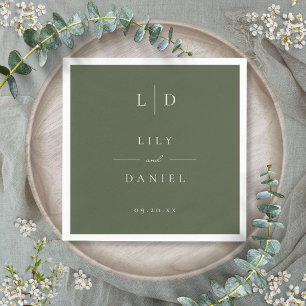 Serviette En Papier Vert olive Élégant Minimaliste Monogramme Mariage