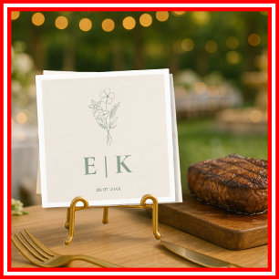 Serviette En Papier Vert Sauge Monogramme Fleur Sauvage