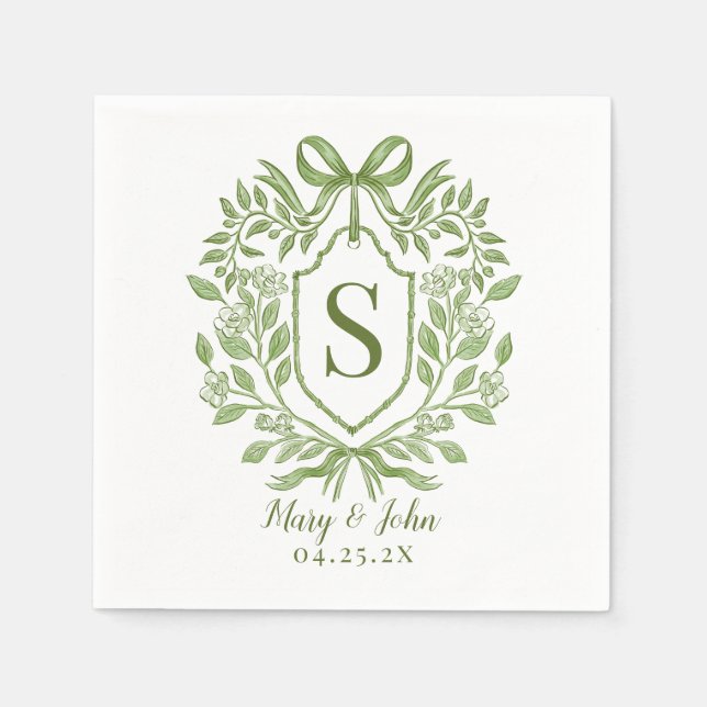 Serviette En Papier Verte Monogram Mariage Cocktail Napkins avec Bow (Devant)