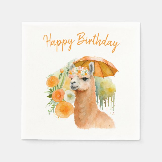 Serviette En Papier Vibes d'été aquarelle Llama - Joyeux anniversaire (Devant)