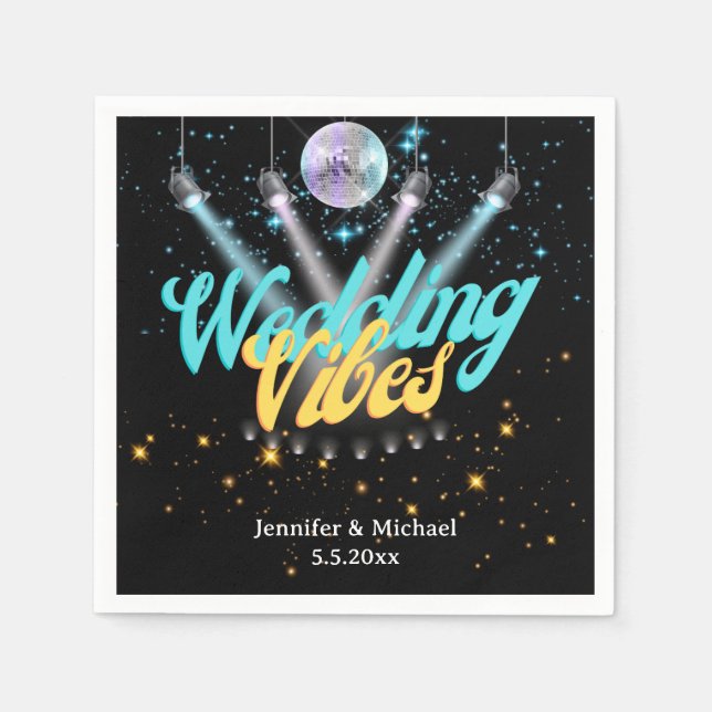 Serviette En Papier vibes mariage rétro lumières disco noir étincelant (Devant)