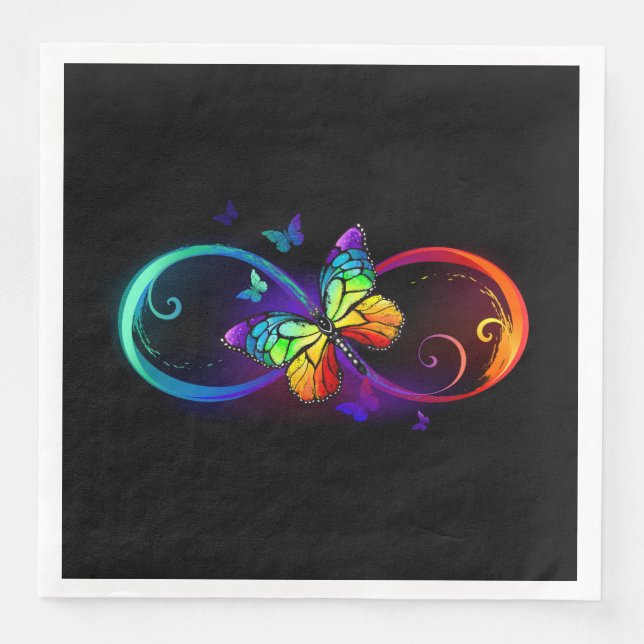Serviette En Papier Vibrant infinity with rainbow butterfly on black (Devant)