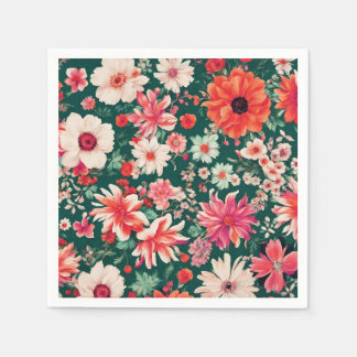 Serviette En Papier Vibrant rose-rouge et Fleurs blanches délicates