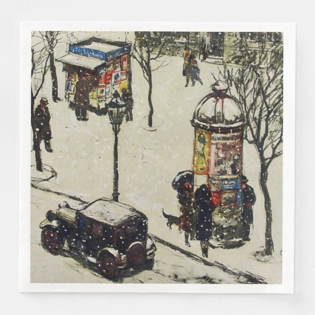 Serviette En Papier Vieille Rue Scène Antique Car Magasins en Neige (Devant)