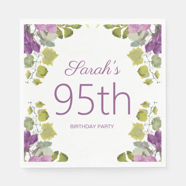 Serviette En Papier Vignes Feuilles florales pourpres 95e anniversaire (Devant)
