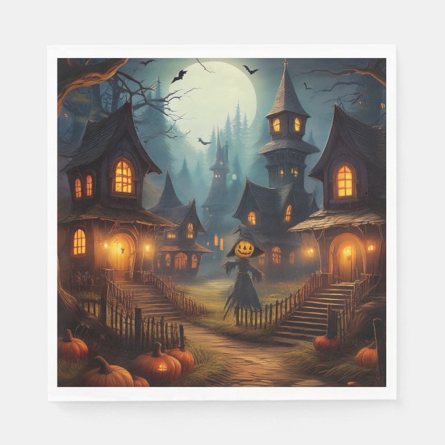 Serviette En Papier Village éffrayant D'Halloween Avec Croc Peur (Devant)