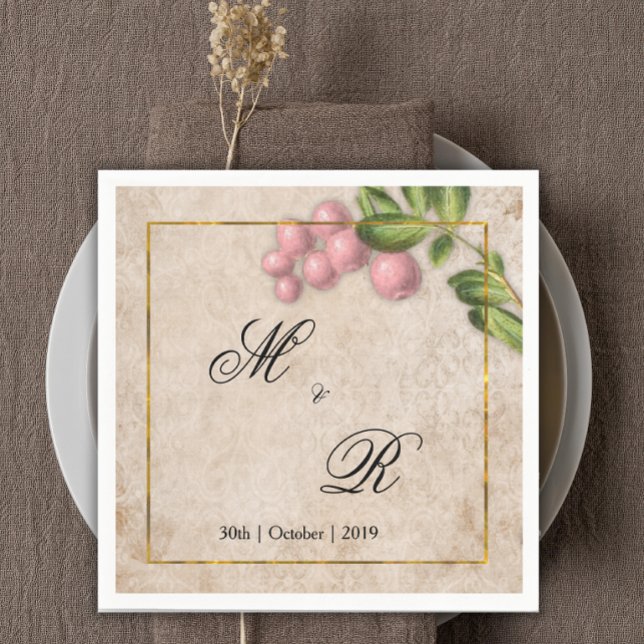 Serviette En Papier Vintage Berries roses Mariage Monogramme (Créateur téléchargé)