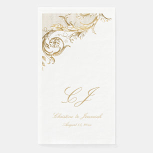 Serviette En Papier Vintage blanc or Floral Damask Script Mariage