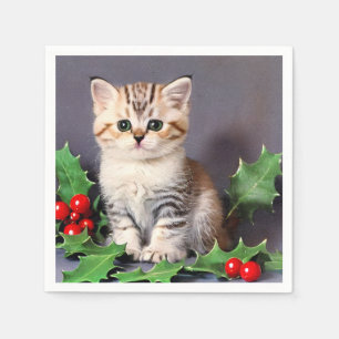 Serviette En Papier Vintage Christmas Kitten et Holly