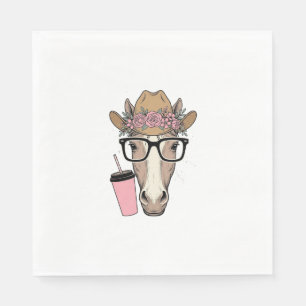 Serviette En Papier Vintage Cowgirl Cheval Avec Fleurs et Boisson Rose