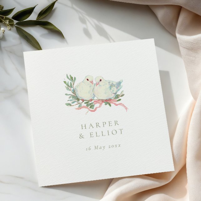 Serviette En Papier Vintage Love Birds & Bow Sage & Pink Wedding (Créateur téléchargé)