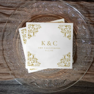 Serviette En Papier Vintage Monogramme or Elegant Mariage or
