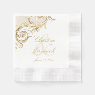 Serviette En Papier Vintage or Floral Damask Script Mariage blanc