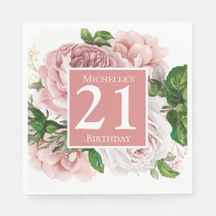 Serviette En Papier Vintage rose vif vert floral 21e anniversaire