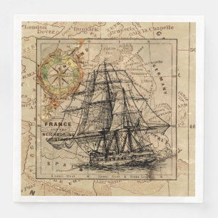 Serviette En Papier Vintage Sailing Ship and Old European Map