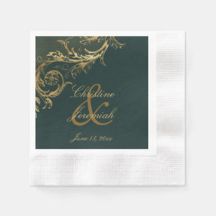 Serviette En Papier Vintage Vert or Floral Damask Script Mariage