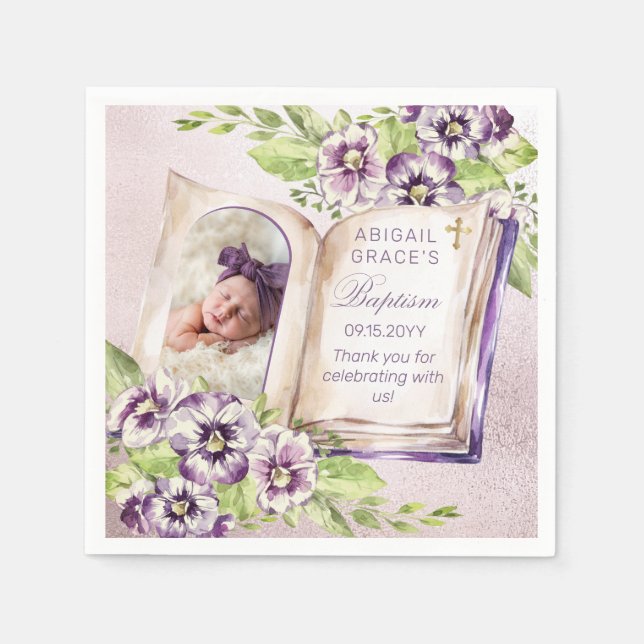 Serviette En Papier Violets Violets Violets Archés Photo Baptême uniqu (Devant)