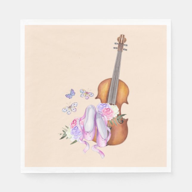 Serviette En Papier Violon, Chaussures de Ballet, Fleurs et Papillons (Devant)