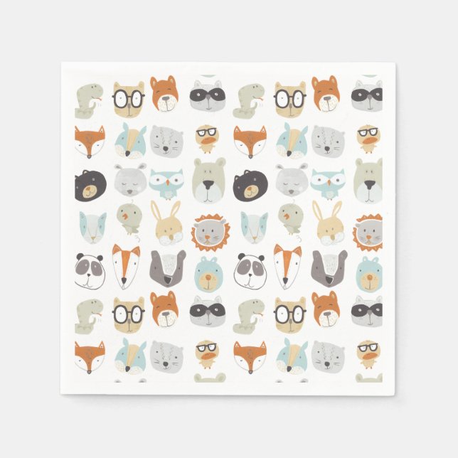 Serviette En Papier Visages conviviaux | Portraits d'animaux mignons (Devant)