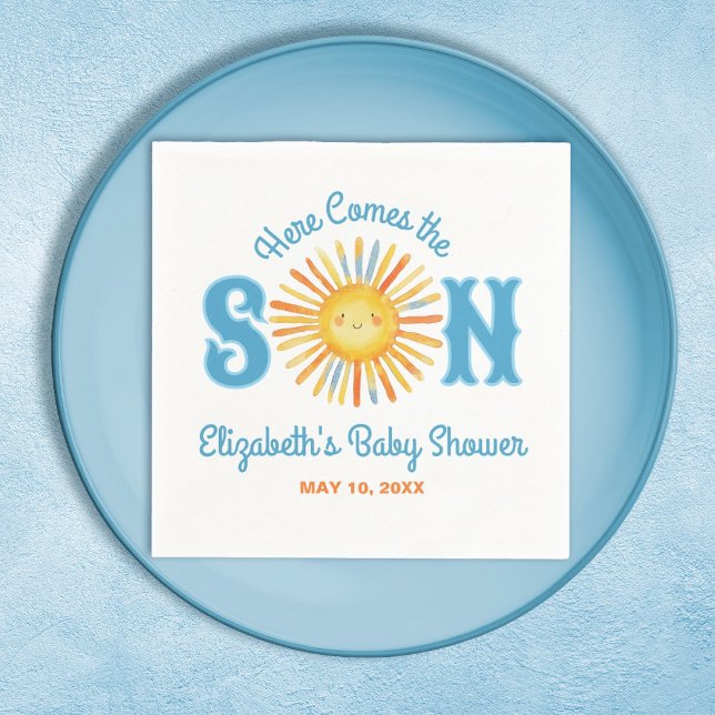 Serviette En Papier Voici le Baby shower Son Sunshine (Here Comes the Son baby shower party napkin, Personalize it with your name and date.)