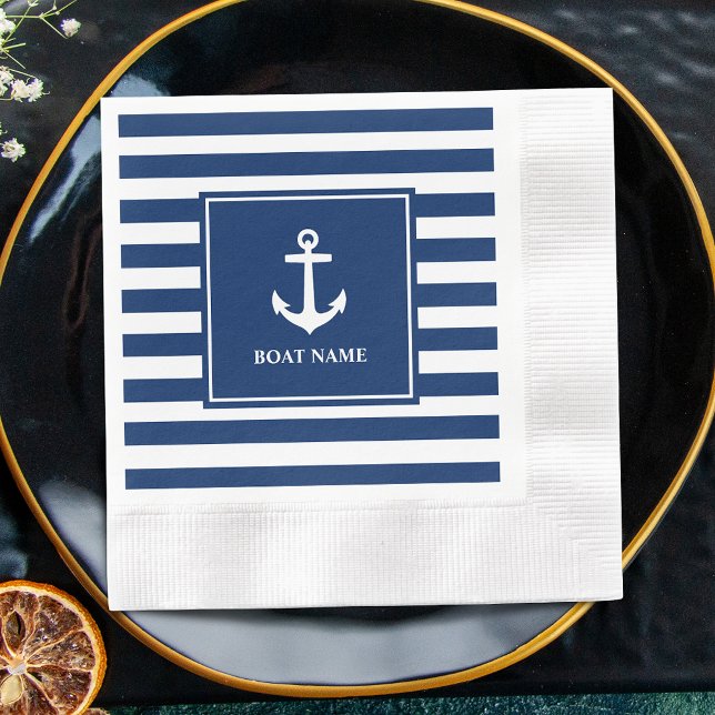 Serviette En Papier Votre nom de bateau Ancre Blue Stripes Cocktail (Créateur téléchargé)