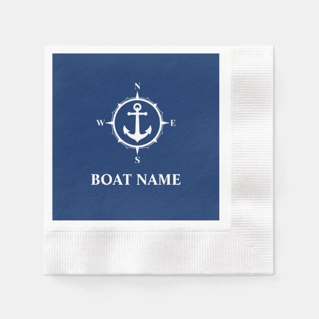 Serviette En Papier Votre nom de bateau Compass Ancre Blue Cocktail (Devant)