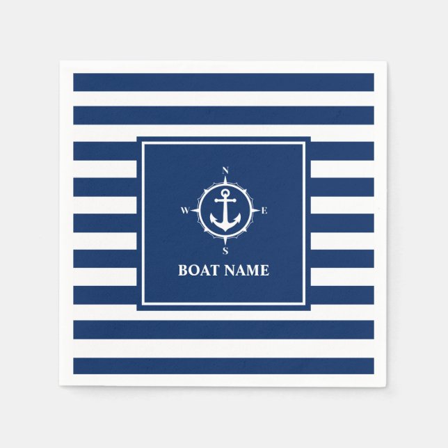 Serviette En Papier Votre nom de bateau Compass Ancre Blue Stripes (Devant)