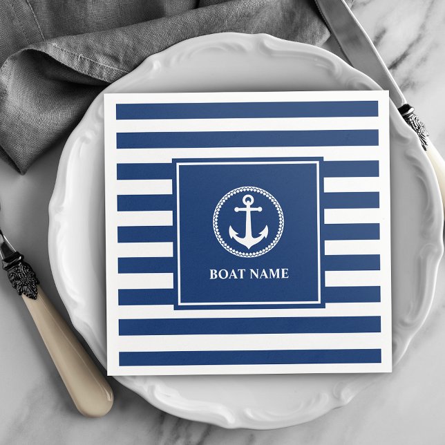 Serviette En Papier Votre nom de bateau Sea Ancre Blue Stripes (Créateur téléchargé)