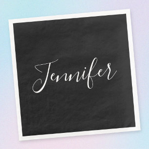Serviette En Papier Votre nom Élégant script blanc sur noir