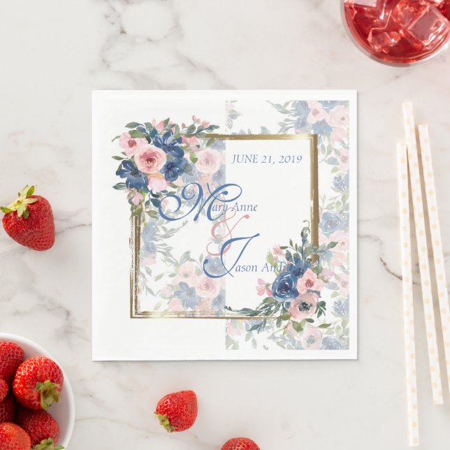 Serviette En Papier Watercolor Navy & Blush Mariage (En situation)