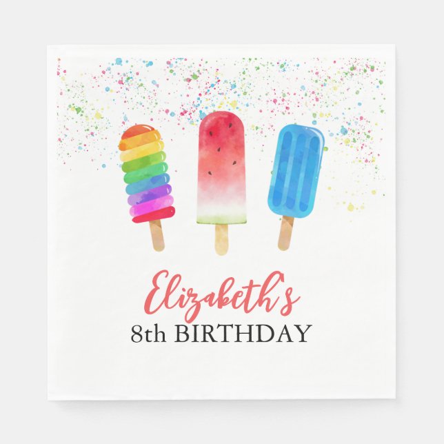 Serviette En Papier Watercolor Popsicles Nom personnalisé Anniversaire (Devant)
