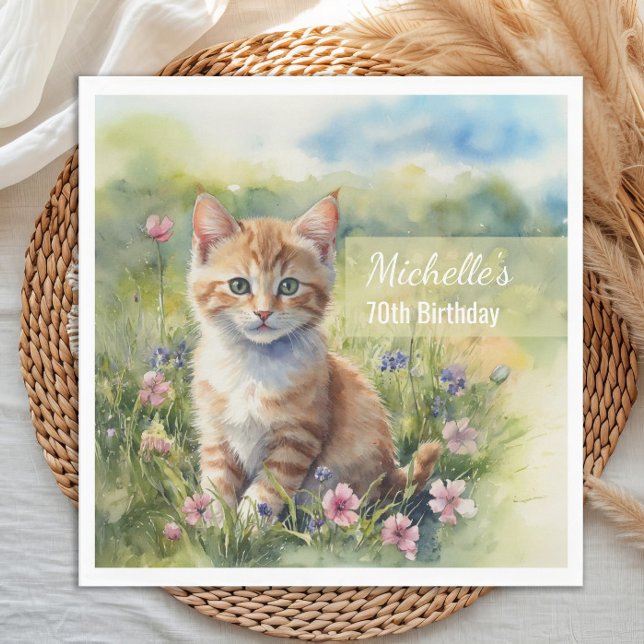 Serviette En Papier Watercolor Tabby Cat Pet Meadow 70th Birthday (Cat birthday party paper napkins)