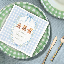 Serviette En Papier We Can Bearly Wait Blue Gingham Baby Shower 
