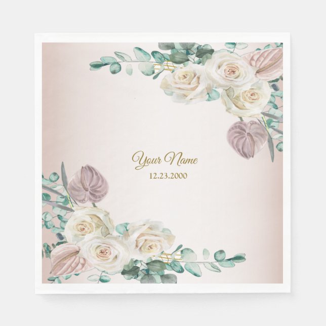 Serviette En Papier Wedding Pink Rose Watercolor Golden Dusty Party (Devant)