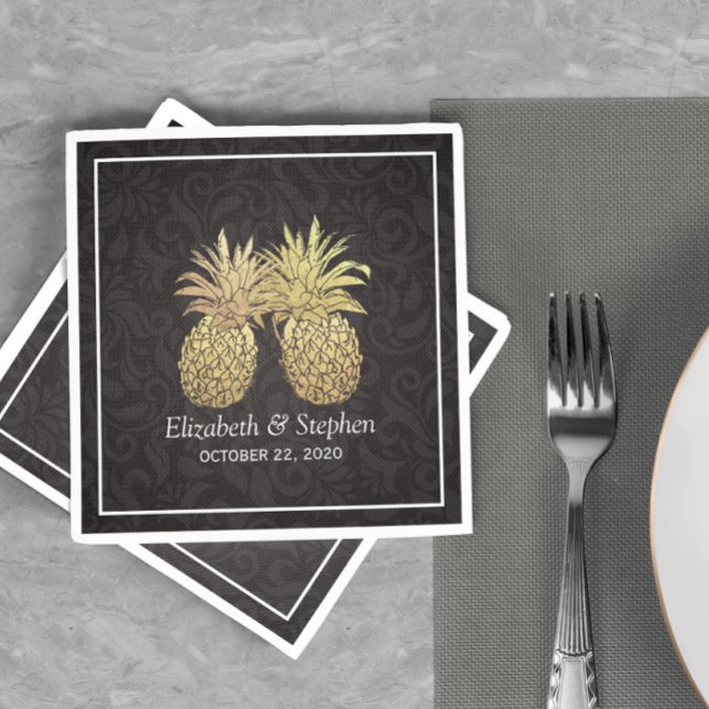 Serviette En Papier Wedding shower moderne Black Gold Ananas Couple (Créateur téléchargé)
