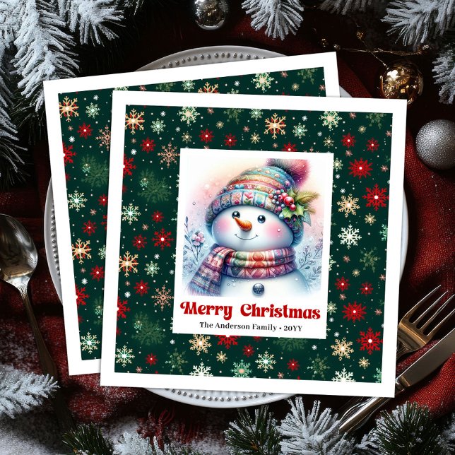Serviette En Papier Whimsical cartoon snowman with snowflakes kids  (Whimsical cartoon snowman with snowflakes kids napkins)