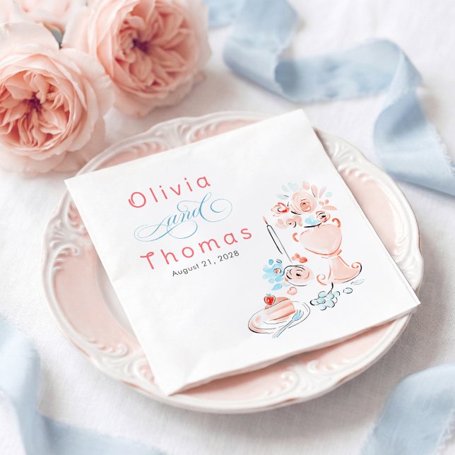 Serviette En Papier Whimsical Chic Elegant Hand Drawn Wedding (Dusty Blue and Pink Whimsical Hand-illustrated Doodles Napkins for Wedding Reception)