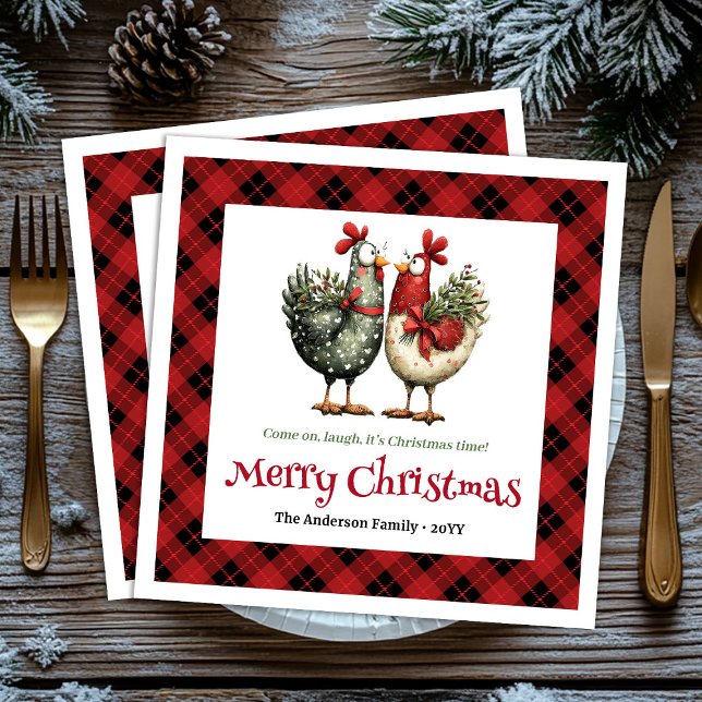 Serviette En Papier Whimsical chickens Christmas napkins editable name (Whimsical chickens Christmas napkins editable name)