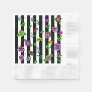 Serviette En Papier Whimsical floral rayé noir et blanc
