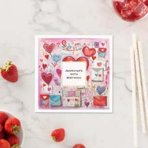 Serviette En Papier Whimsical Hearts and Love Letters Motif Anniversai