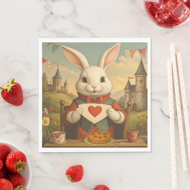 Serviette En Papier Whimsical White Rabbit Hearts Enchanted Wonderland (En situation)